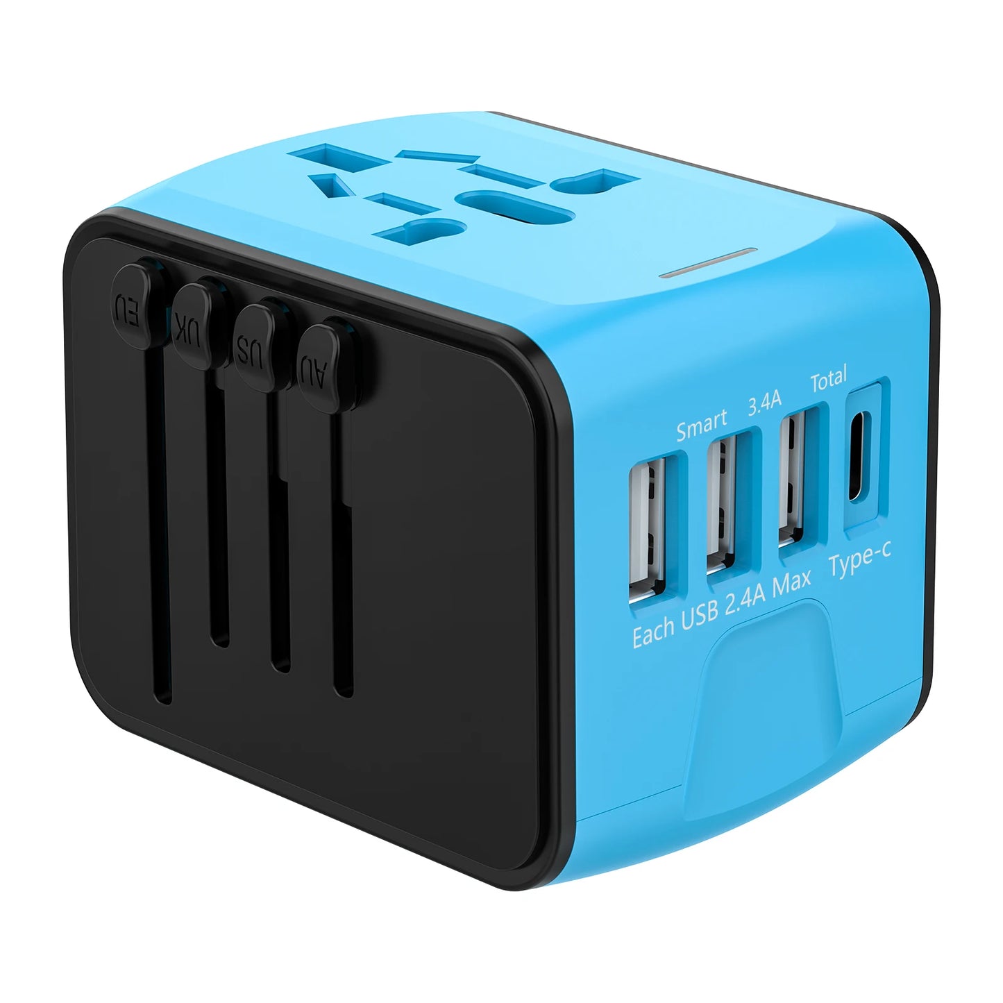 Universal Travel Adapter with High-Speed Charging: 4 USB Ports Including Type-C for Global Use in Europe, UK, US, CA, and AU