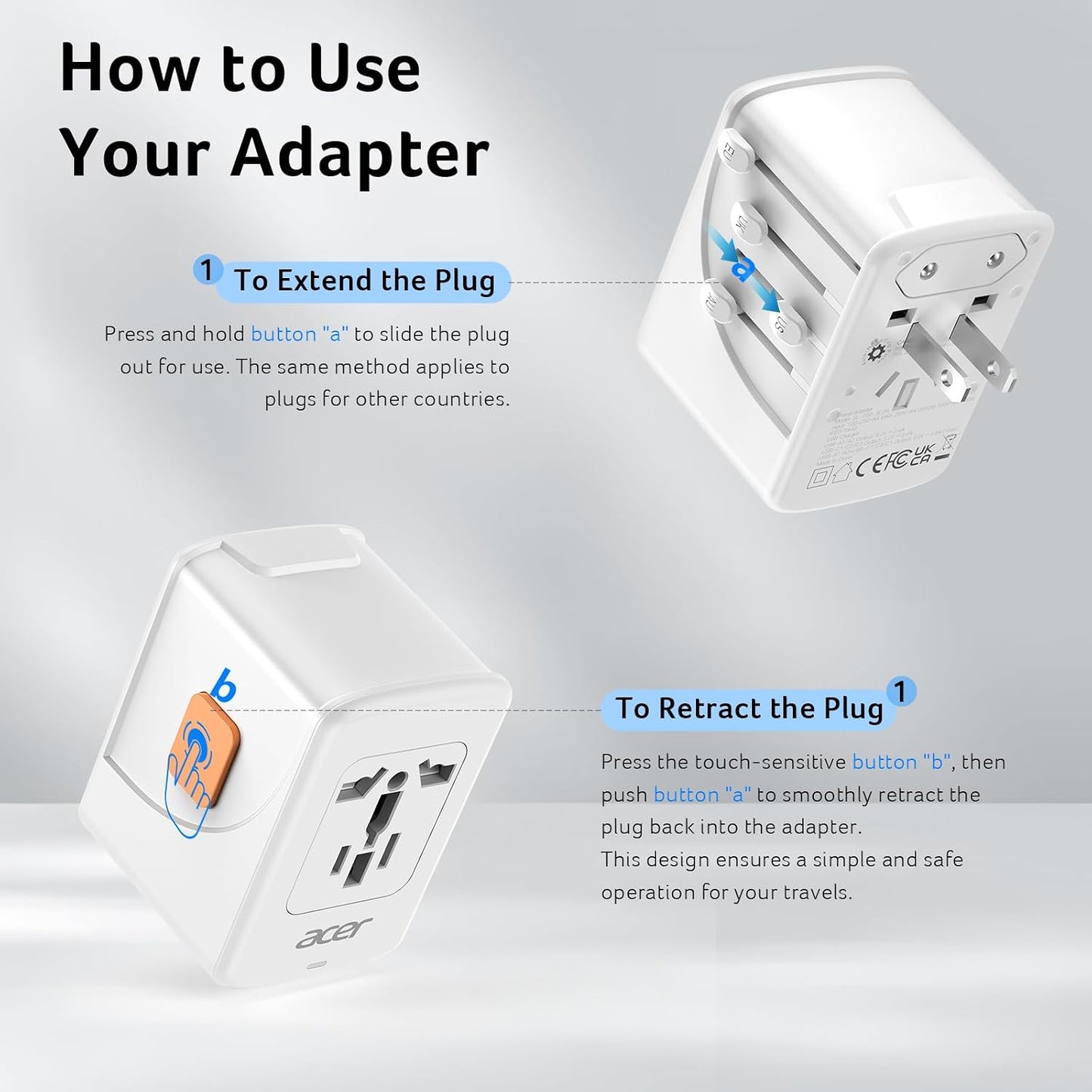 Acer Universal Travel Plug Adapter - Ultimate 6-in-1 Power Solution with 5 USB Ports for Global Adventures