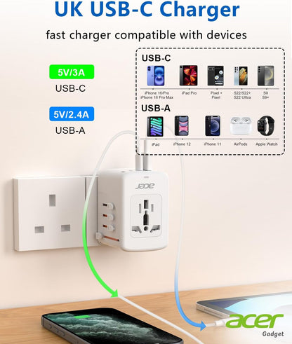Acer Universal Travel Plug Adapter - Ultimate 6-in-1 Power Solution with 5 USB Ports for Global Adventures