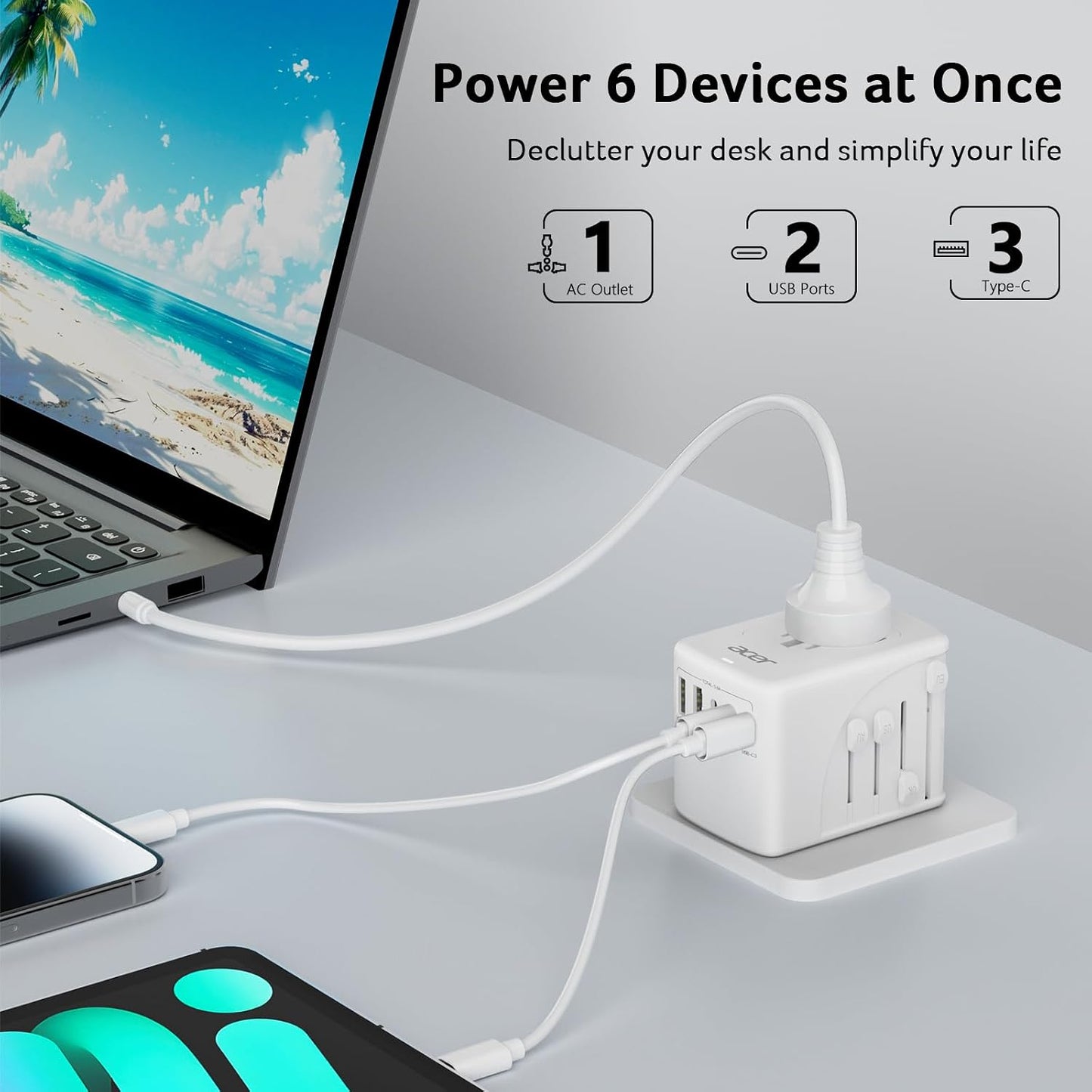 Acer Universal Travel Plug Adapter - Ultimate 6-in-1 Power Solution with 5 USB Ports for Global Adventures