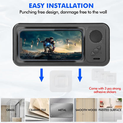 Wireless Bluetooth Speaker for Bathroom , Shower Phone Holder Speaker , Waterproof 360 Rotation Viewable Shower Phone Case Speakers for Bathroom Wall Mirro Compatible with Iphone, Galaxy(Black)