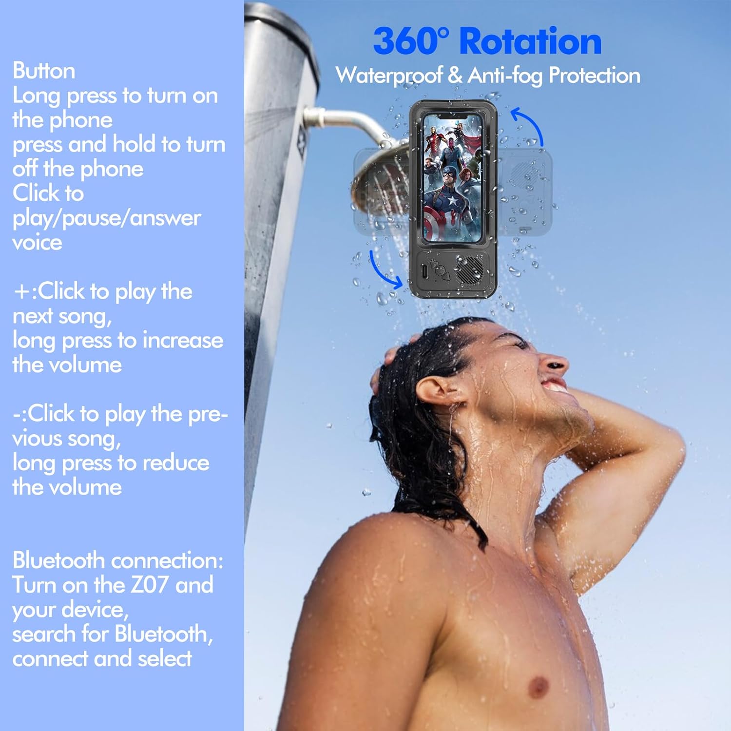 Wireless Bluetooth Speaker for Bathroom , Shower Phone Holder Speaker , Waterproof 360 Rotation Viewable Shower Phone Case Speakers for Bathroom Wall Mirro Compatible with Iphone, Galaxy(Black)