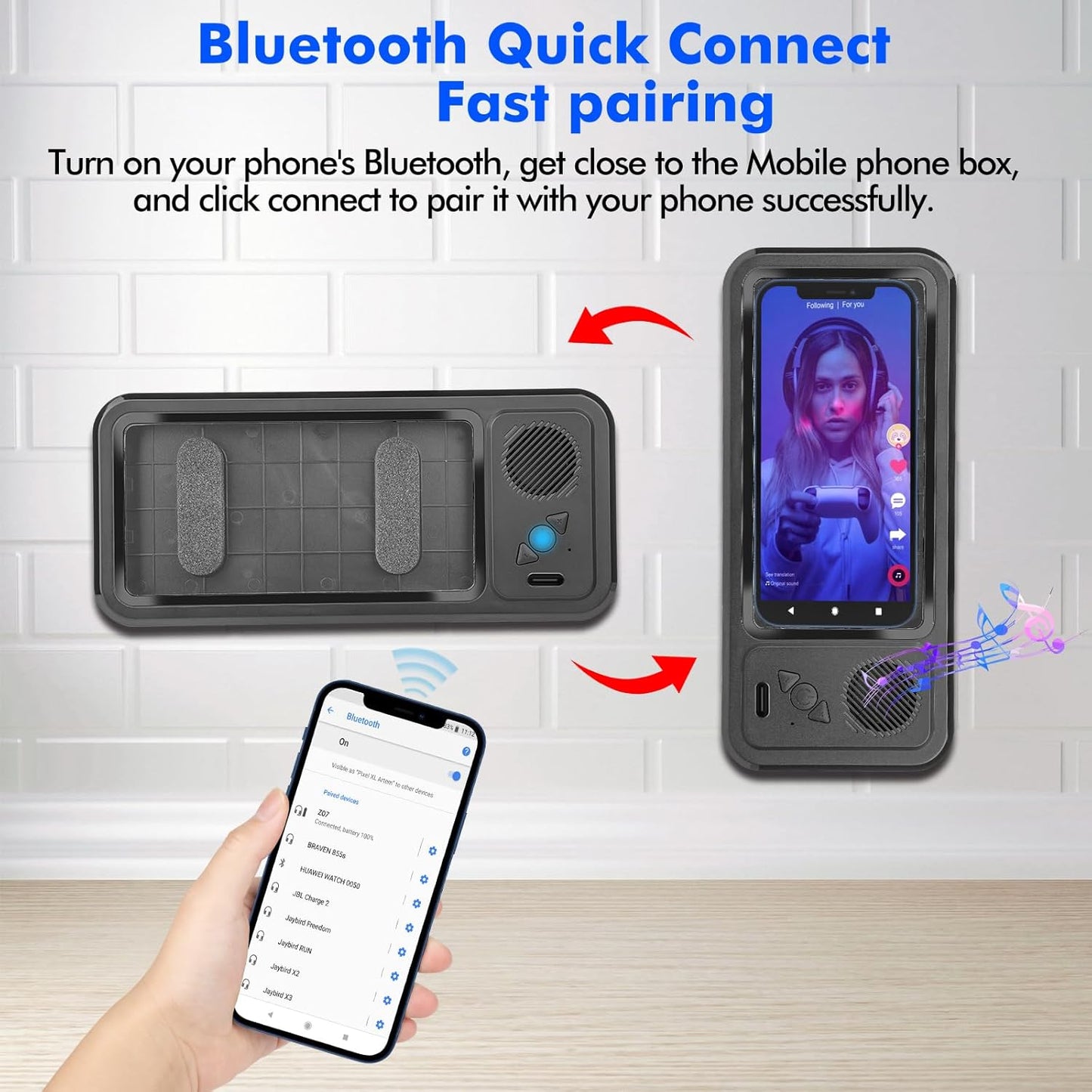 Wireless Bluetooth Speaker for Bathroom , Shower Phone Holder Speaker , Waterproof 360 Rotation Viewable Shower Phone Case Speakers for Bathroom Wall Mirro Compatible with Iphone, Galaxy(Black)