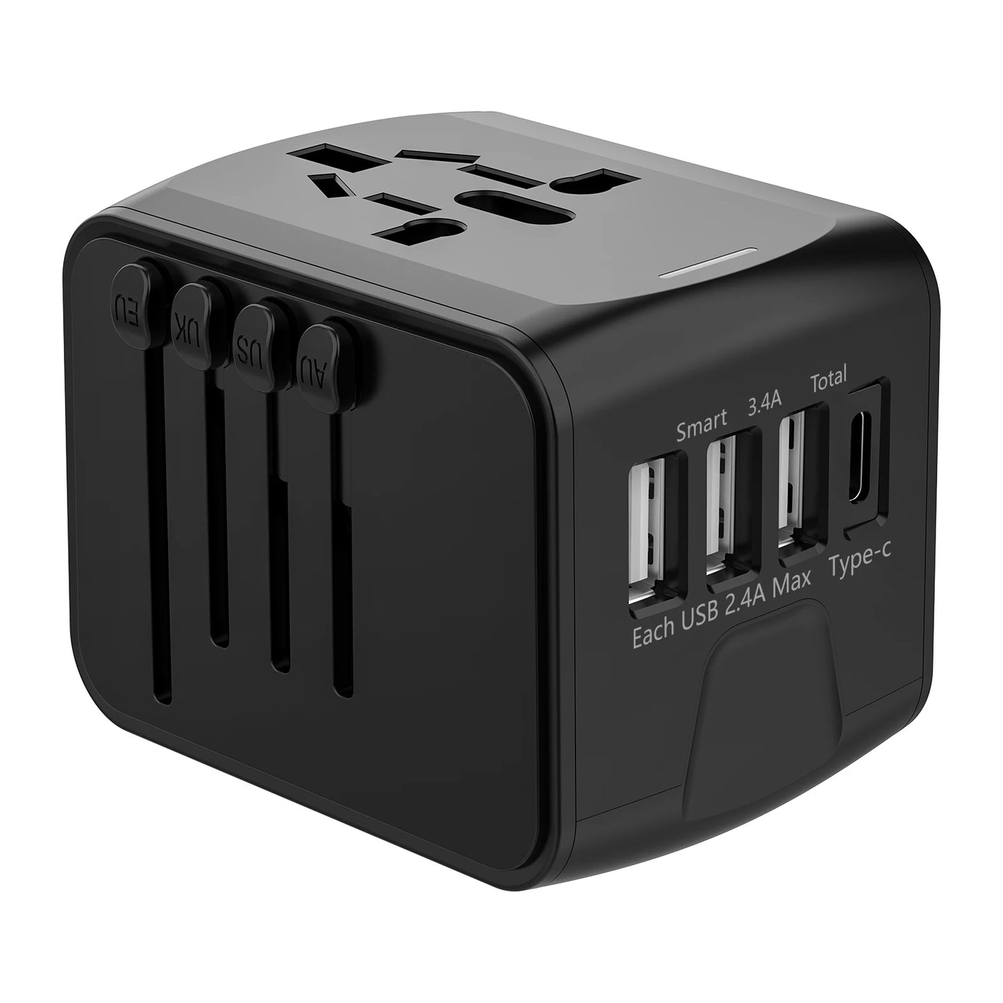 Universal Travel Adapter with High-Speed Charging: 4 USB Ports Including Type-C for Global Use in Europe, UK, US, CA, and AU