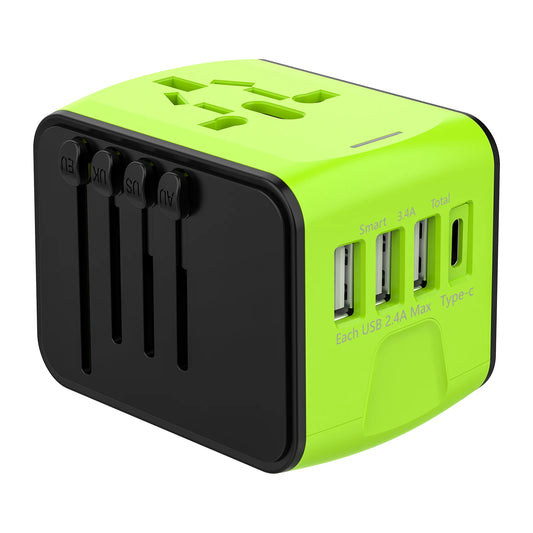 Universal Travel Adapter with High-Speed Charging: 4 USB Ports Including Type-C for Global Use in Europe, UK, US, CA, and AU