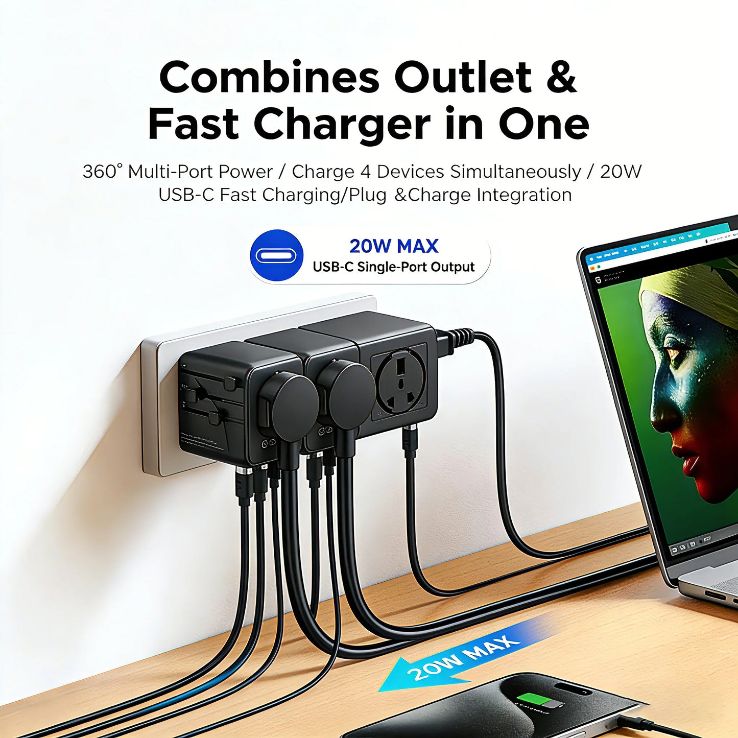 All-in-One 20W GaN Worldwide Travel Adapter - Fast Charging for US, EU, UK, and AU with Dual 10A Fuses