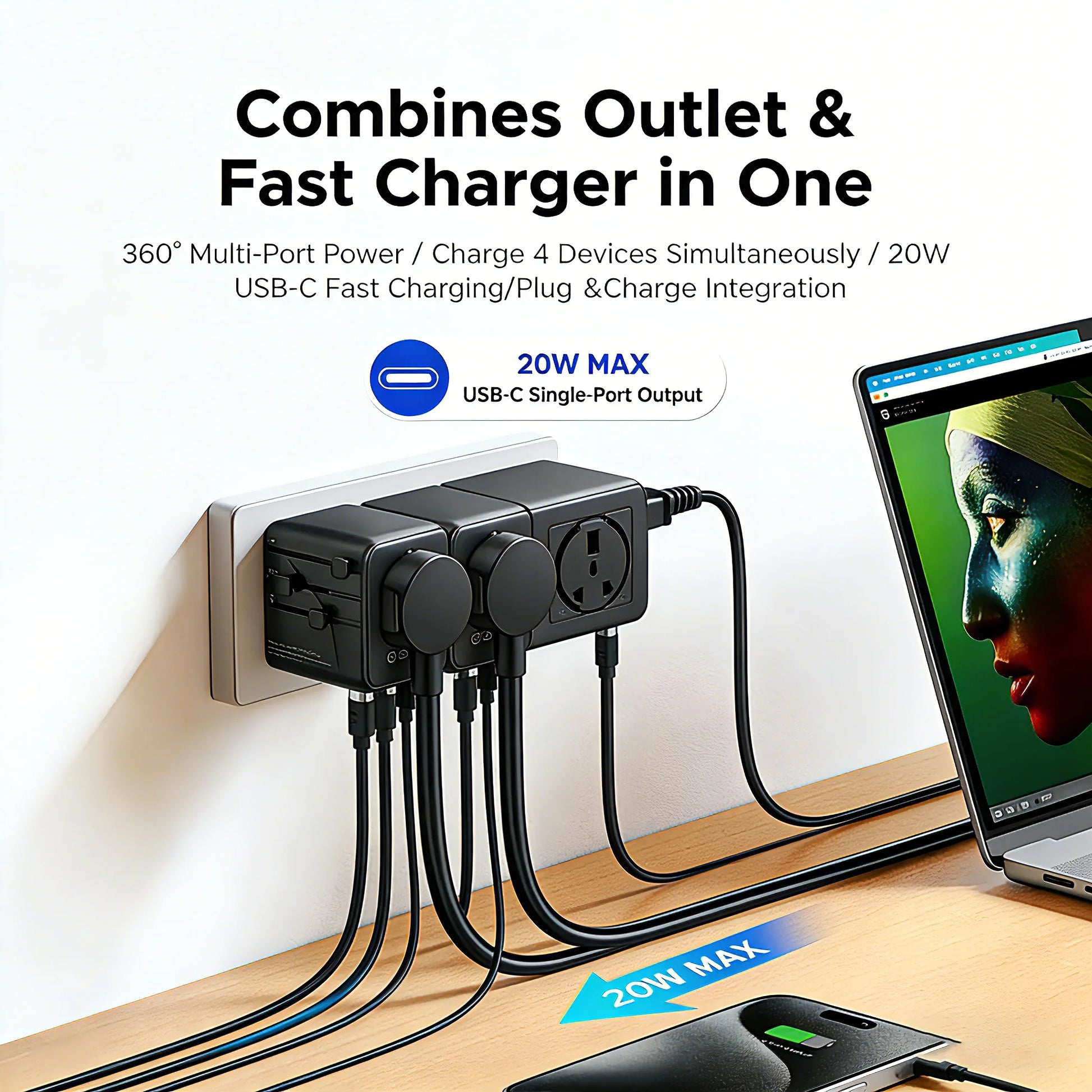 All-in-One 20W GaN Worldwide Travel Adapter - Fast Charging for US, EU, UK, and AU with Dual 10A Fuses