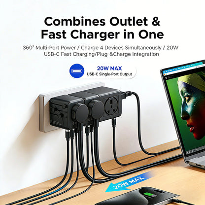 All-in-One 20W GaN Worldwide Travel Adapter - Fast Charging for US, EU, UK, and AU with Dual 10A Fuses