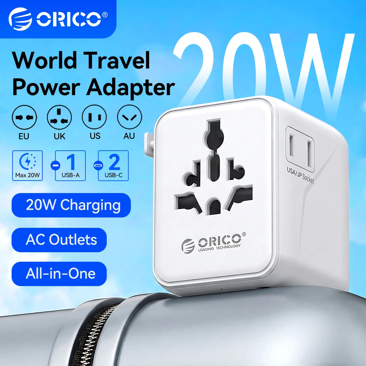All-in-One 20W GaN Worldwide Travel Adapter - Fast Charging for US, EU, UK, and AU with Dual 10A Fuses
