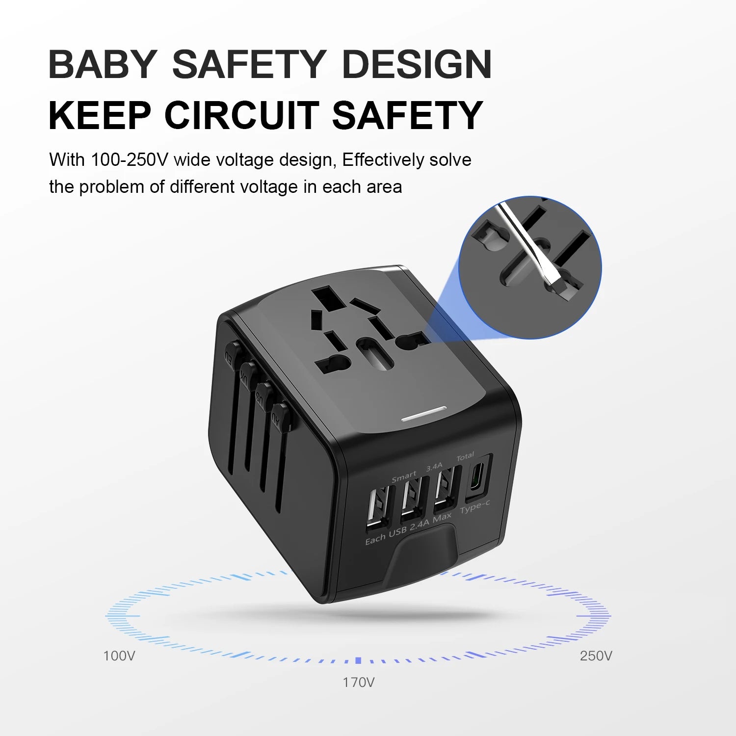 Universal Travel Adapter with High-Speed Charging: 4 USB Ports Including Type-C for Global Use in Europe, UK, US, CA, and AU