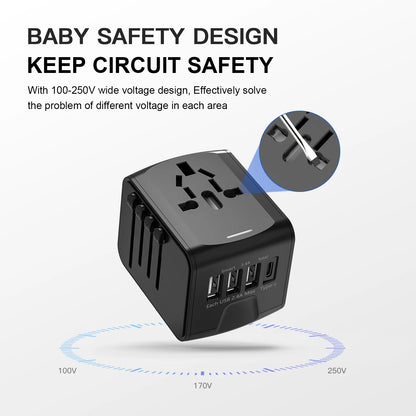 Universal Travel Adapter with High-Speed Charging: 4 USB Ports Including Type-C for Global Use in Europe, UK, US, CA, and AU