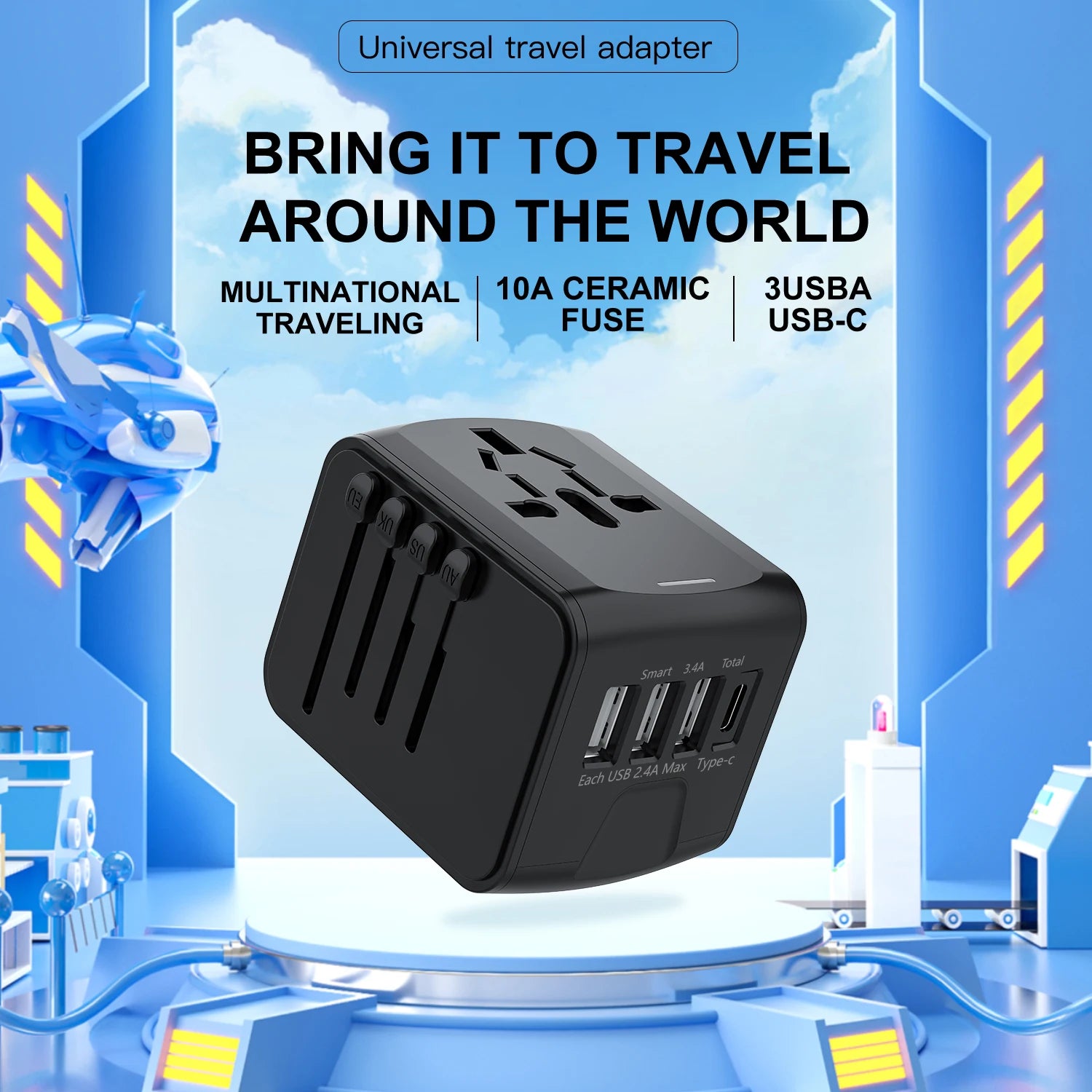 Universal Travel Adapter with High-Speed Charging: 4 USB Ports Including Type-C for Global Use in Europe, UK, US, CA, and AU