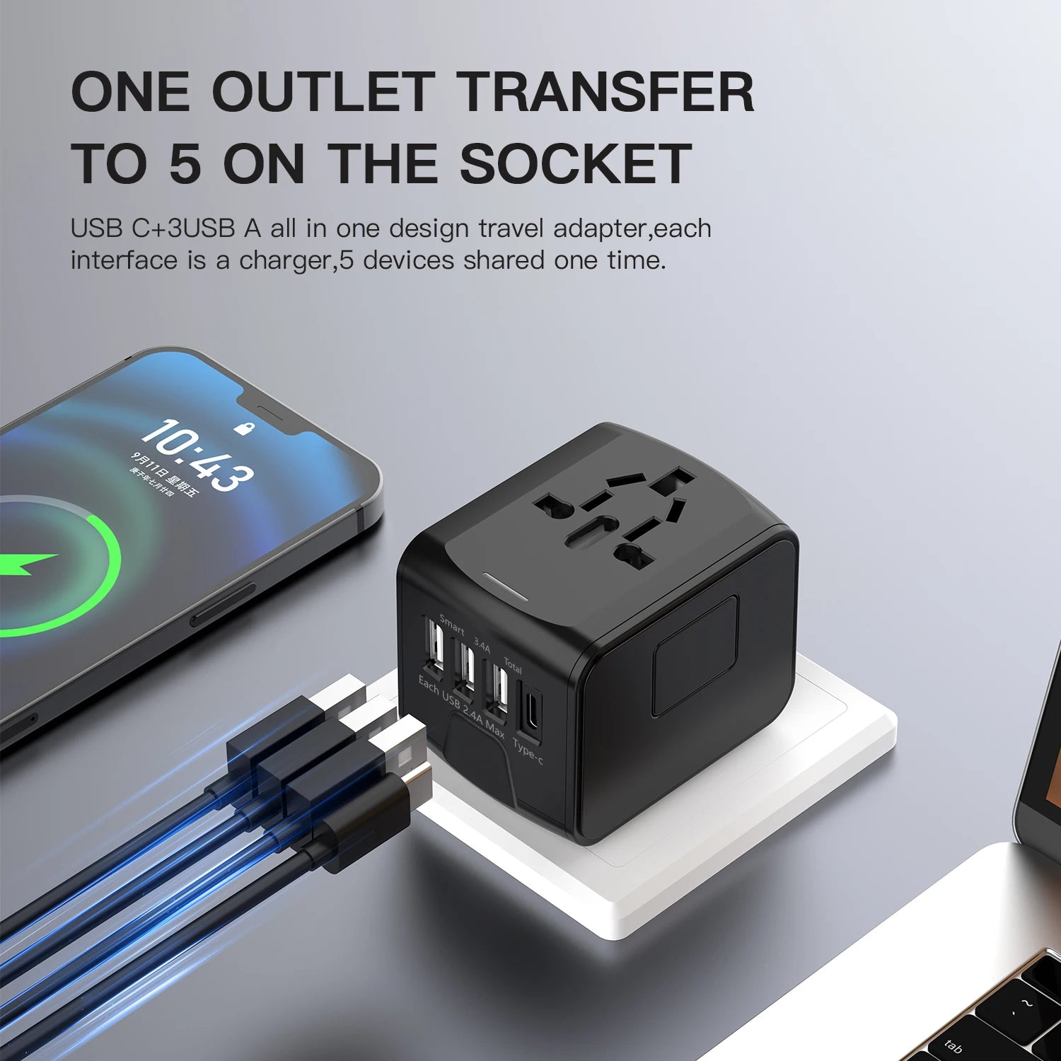 Universal Travel Adapter with High-Speed Charging: 4 USB Ports Including Type-C for Global Use in Europe, UK, US, CA, and AU