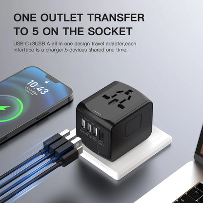 Universal Travel Adapter with High-Speed Charging: 4 USB Ports Including Type-C for Global Use in Europe, UK, US, CA, and AU