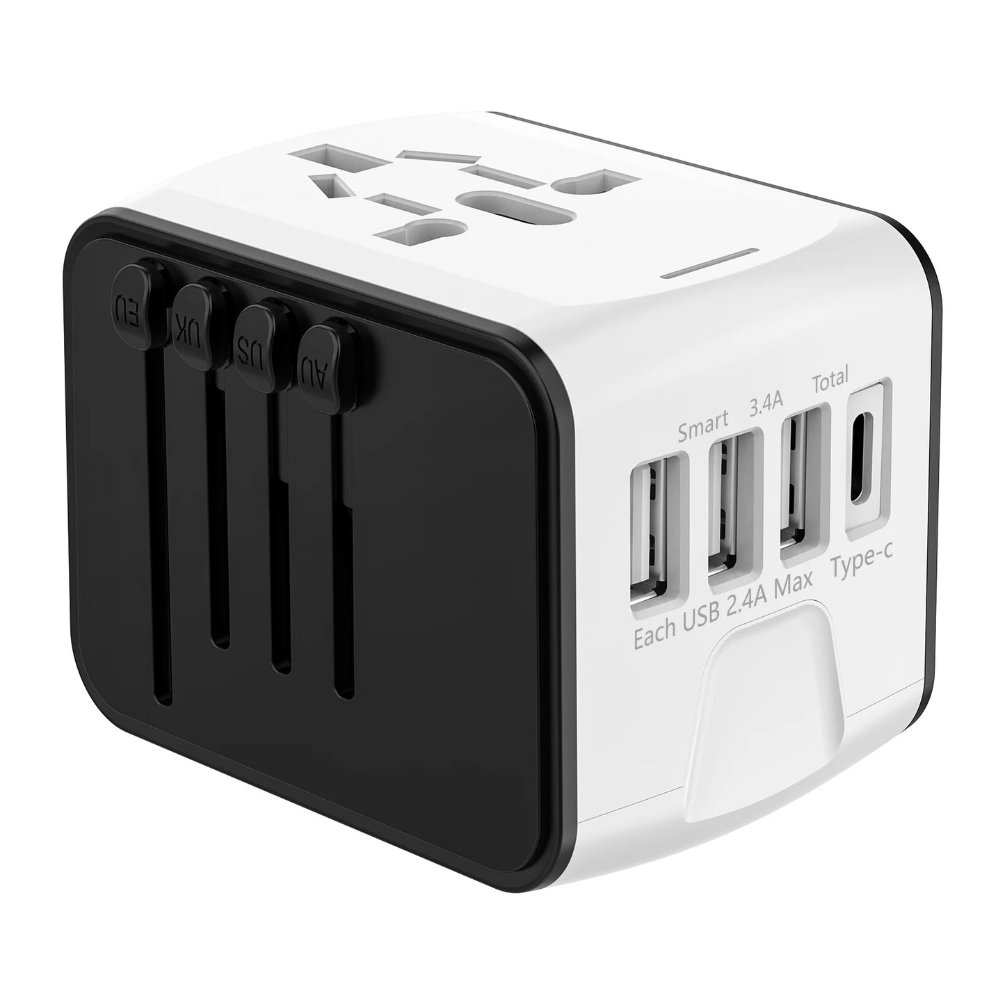 Universal Travel Adapter with High-Speed Charging: 4 USB Ports Including Type-C for Global Use in Europe, UK, US, CA, and AU